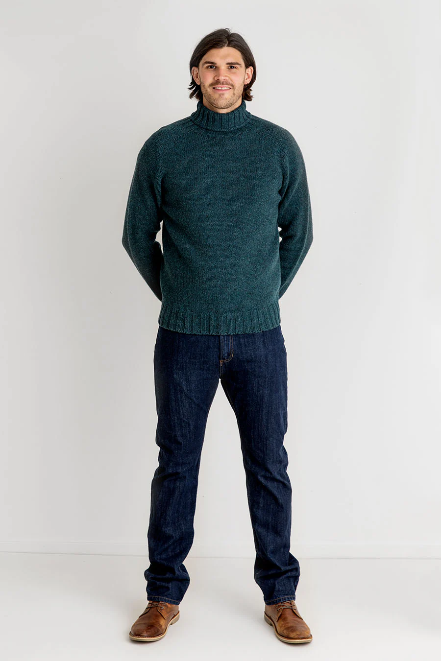 Mens Chunky Geelong Superfine Lambs wool Polo Neck Jumper - Teal - Image 3