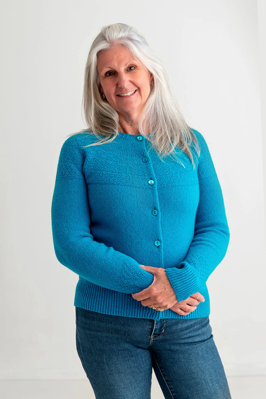 Womens Geelong Superfine Lambswool Gansey Cardigan - Turquoise - Image 5